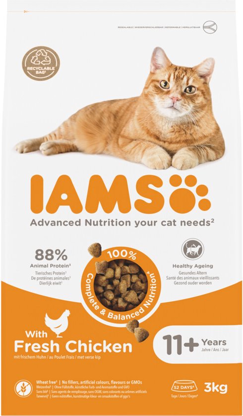 IAMS Cat senior 11+ Kattenvoer Chicken - 3 x 3 kg - Voordeelverpakking