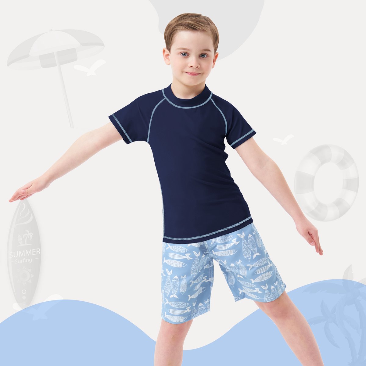 MEETHOO Jongens zwemshirt met korte mouwen, kinderzwemshirt met UV - bescherming, rashvest, surfshirt, snel drogend strandshirt - Korte mouwen - MARINE — afbeelding 3