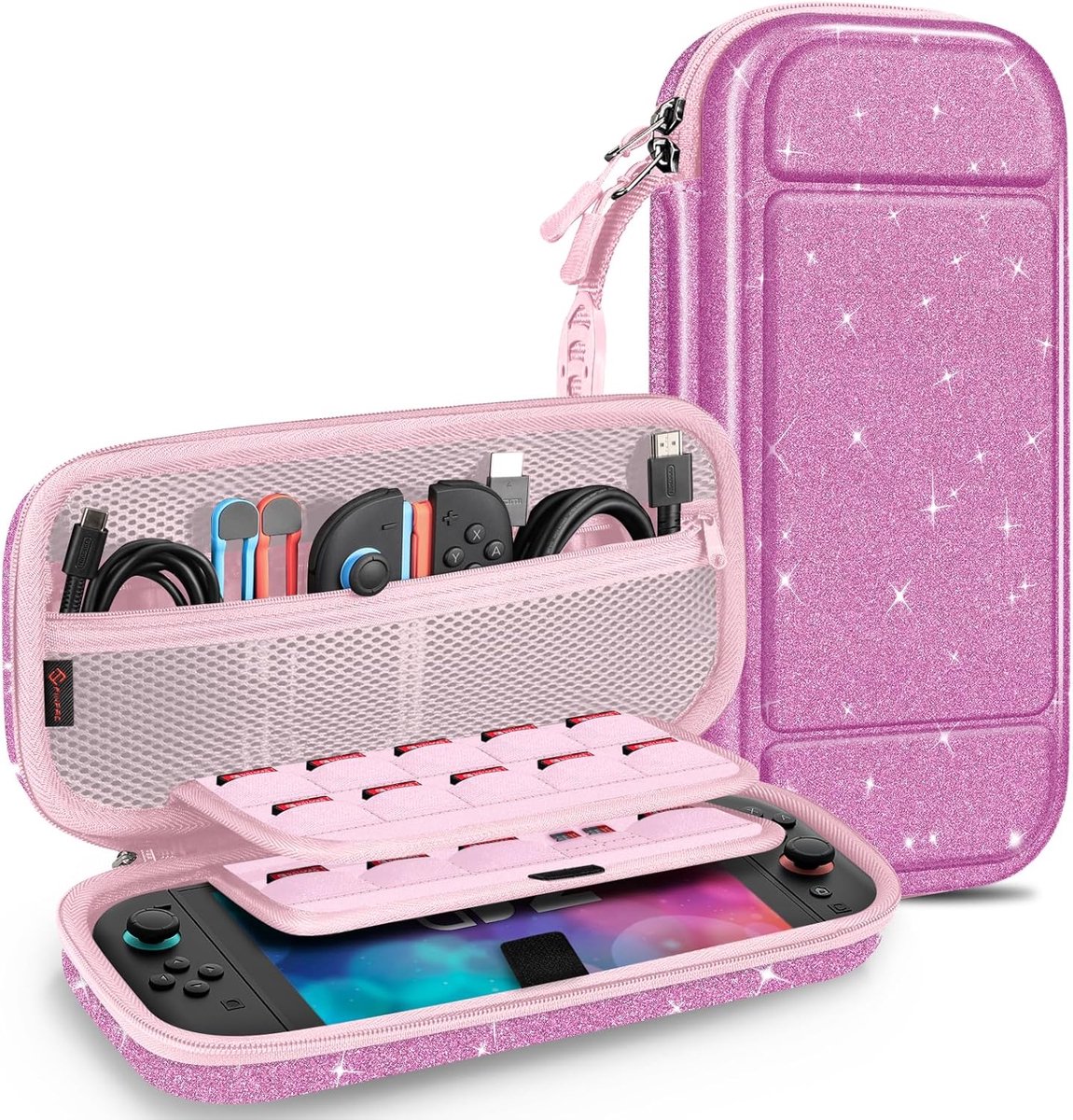 Zandarix Geschikt voor Nintendo Switch 2 - Hard Shell Beschermhoes - Draagbare Reistas met 20 Game Card Slots - Binnenzak voor Accessoires - Fuchsia Vol sterren
