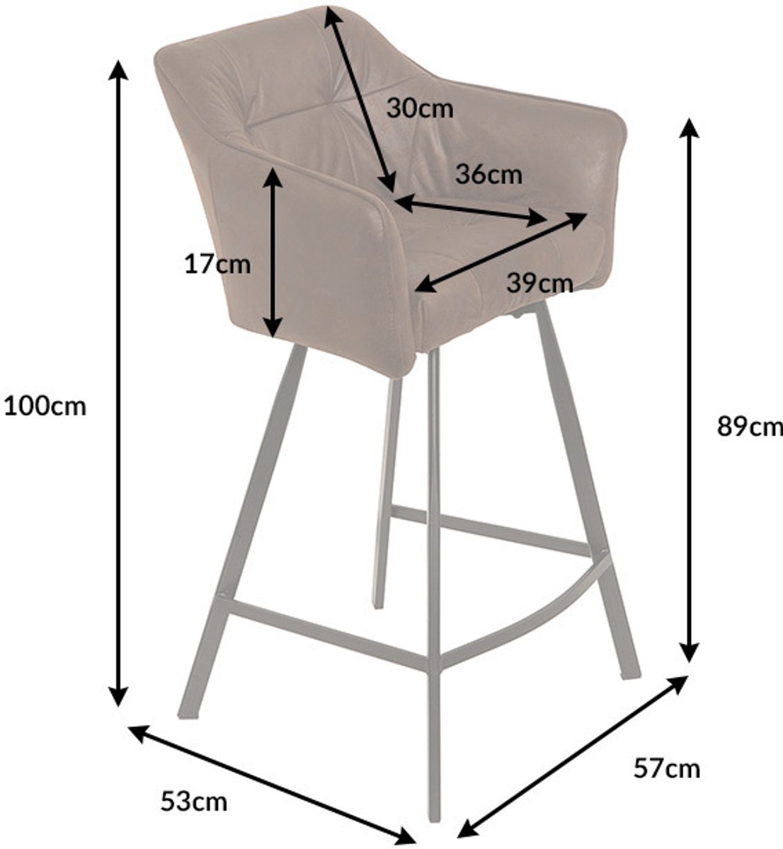 Retro barstoel LOFT 100cm antiek bruine barkruk met armleuning - 39082