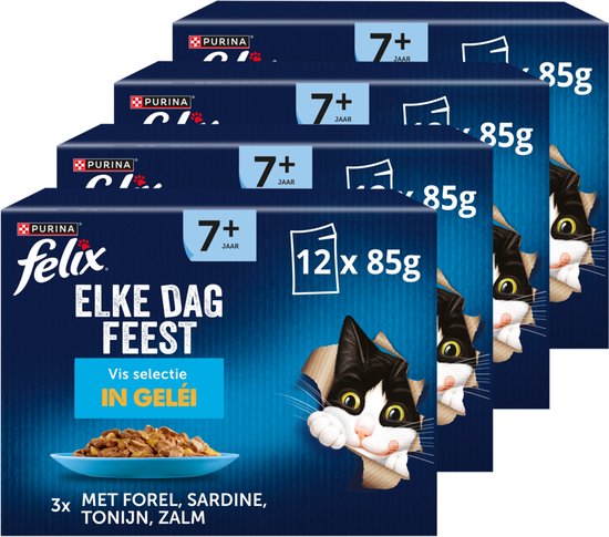 Felix Elke Dag Feest 7+ Senior Vis Selectie - Kattenvoer Natvoer - Tonijn Zalm Sardines & Forel - 48 x 85 g