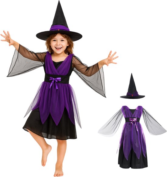 Joya Kids® Heks Verkleedjurk | Heksenhoed met Jurk | Heksen Verkleedjurk Meisje | Halloween Jurk | Verkleedkleding | Maat 120
