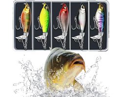 foto van 5 stuks - drijvend aas - drijvend potlood aas - met draaibare staart - geschikt voor zoet of zout water - met opbergdoos