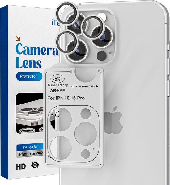 Un iPhone 16 Pro blanc avec l'emballage du produit 'iTech Camera Lens Protector' à côté. Les protecteurs sont placés sur le téléphone.