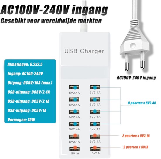 longziming Multi USB Charger 10-poorts - Snelle Oplader - voor Meerdere Apparaten - USB Oplader - Smartphone - Automatische Detectietechnologie van longziming — afbeelding 2
