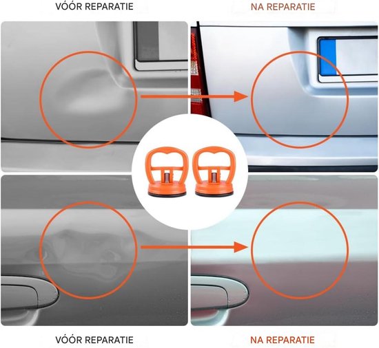 Voor en na foto's van autodeuk reparaties met twee oranje zuignappen.