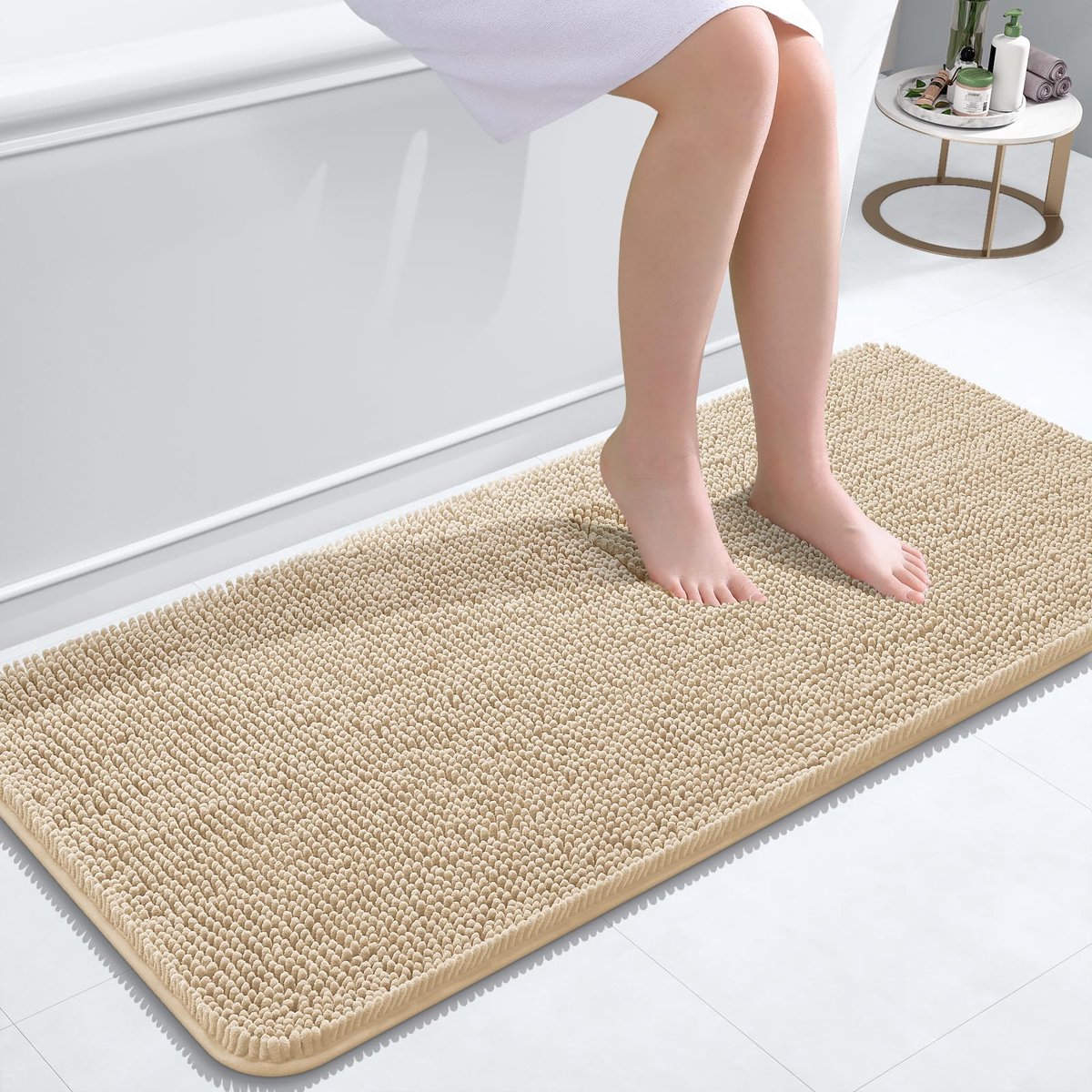 Olanly Badmat Antislip – Douchemat – Badmat Badkamer – Vloermat - Chenille Badmat - Beige - 61x120 cm