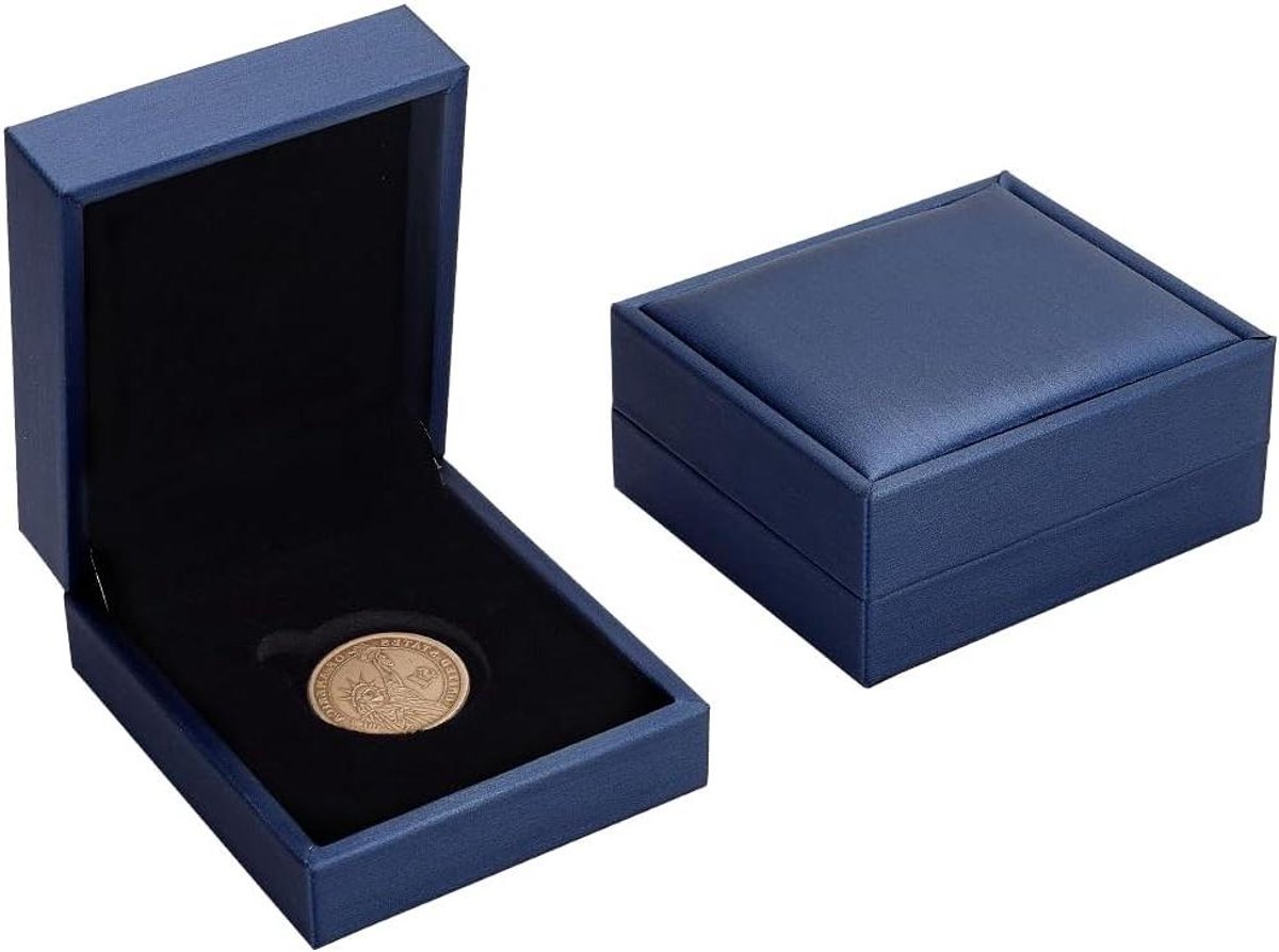 Allecto plus - Munt Opbergdozen voor Herdenkingsmunten en Uitdaging Munten - Blauw - Stalen Display Box - 30mm - Fluwelen Binnenzijde - PU Imitatie Lederen - Set van 2