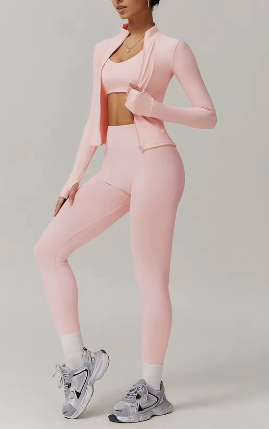 Set de sport Blush Motion - Taille L - Pink pâle - Ensemble 3 pièces : Brassière + Veste + Legging taille haute - Rose pâle - Ensemble de sport sans coutures pour femme