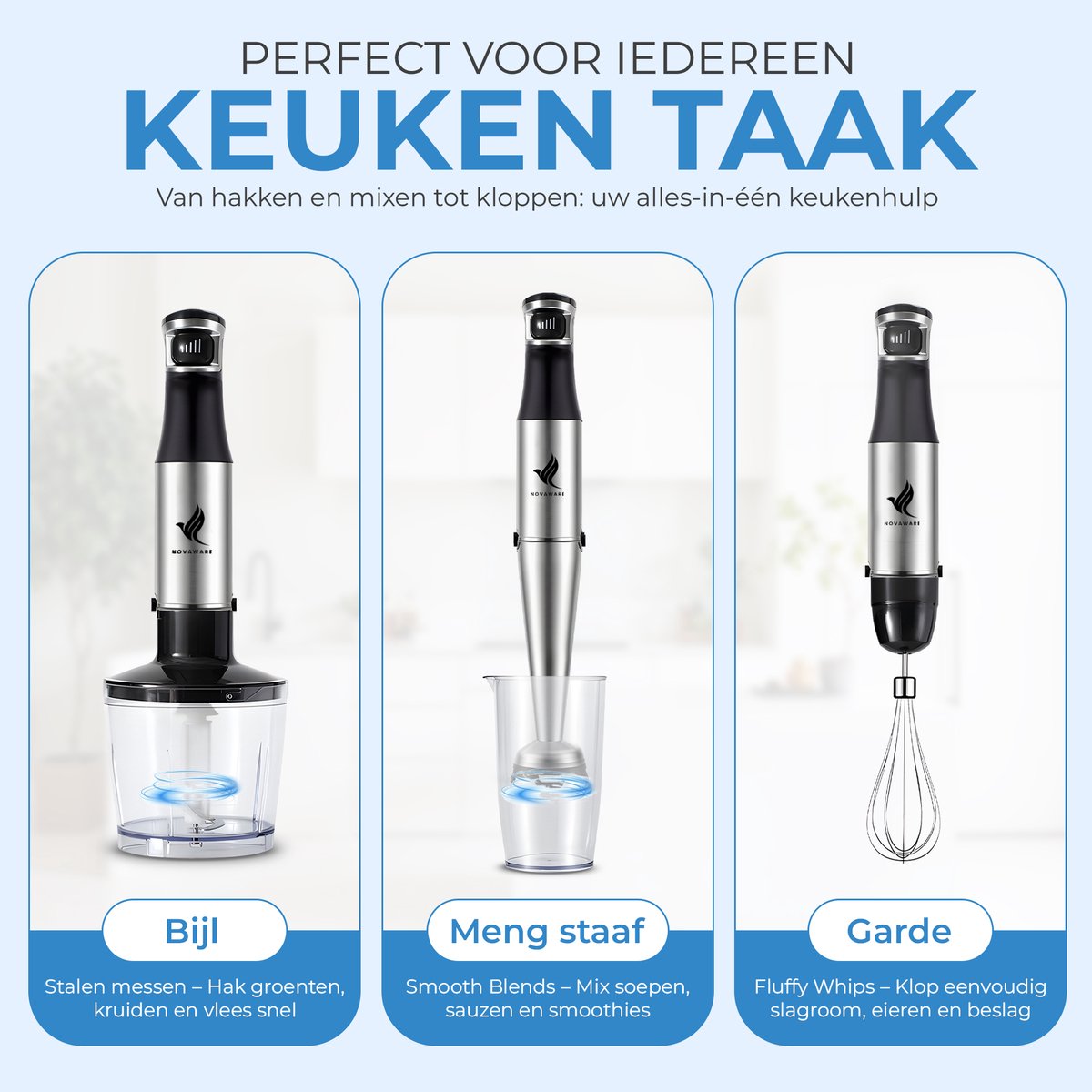 NovaWare Staafmixer 6-in-1 Set – 1100W - Hand Blender - Met Hakmolen, Garde, Melkopschuimer & Maatbeker – RVS – foto 3