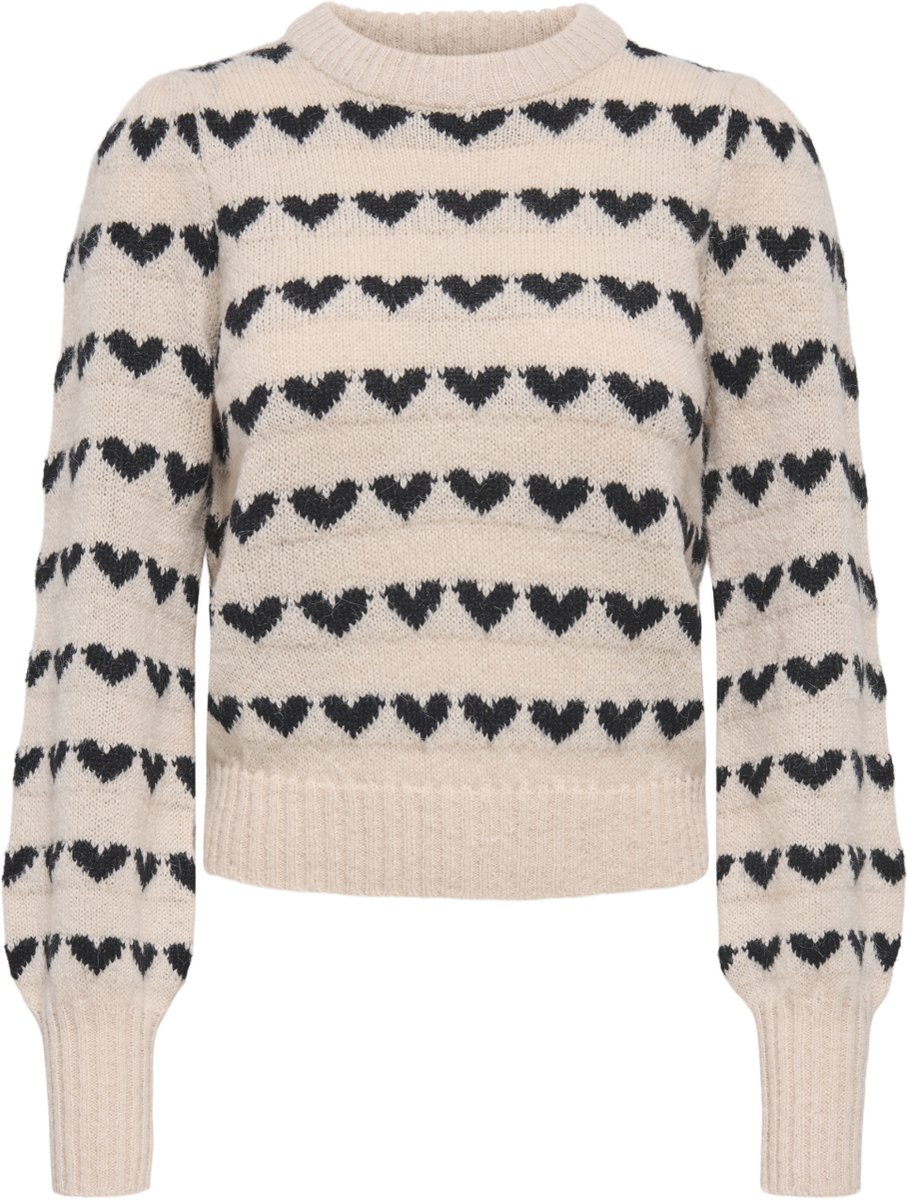 Jacqueline de Yong Trui Jdysigrid Life L/s On Puff Pull Knt 15304813 Cement/w. Black Hearts Dames Maat - L