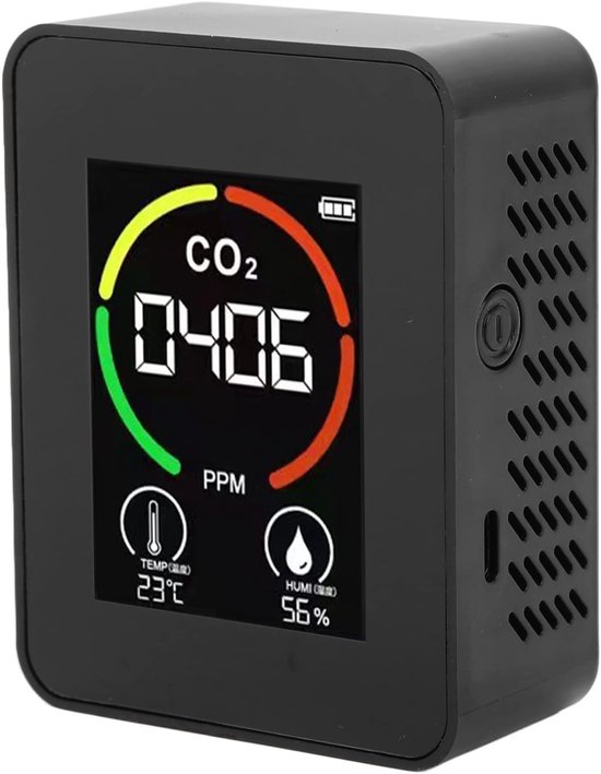 Vitdipy - CO2 meter - Koolstofdioxidedetector - Koolstofdioxide - Thermometer - Met digitaal display - Temperatuur - Luchtvochtigheid - Zwart