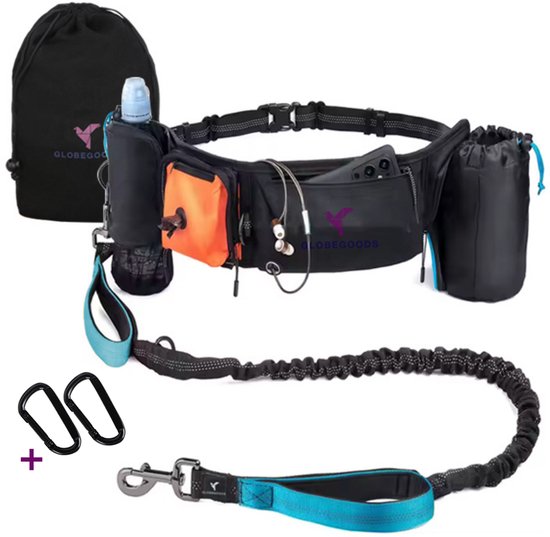 Nobleza elastische handsfree hondenriem met zak, intrekbare hondenriem met dubbel elastisch touw, verstelbare riem, reflecterende strip