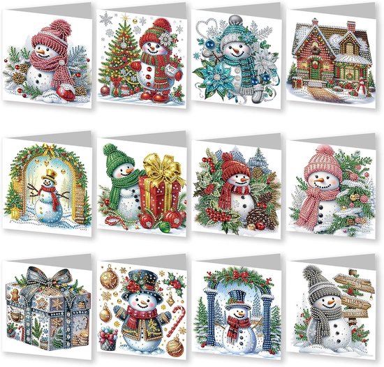 Cartes de Noël avec peinture diamant - Peinture Diamond - 12 pièces, cartes de vœux de Noël avec enveloppes - Kit de fabrication de cartes DIY Craft de neige pour Adultes et Enfants - Wit - 15 x 30 cm