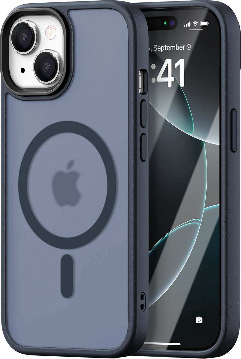 iDenn hoesje voor iPhone 15 Mat Transparant Donker Blauw geschikt voor MagSafe