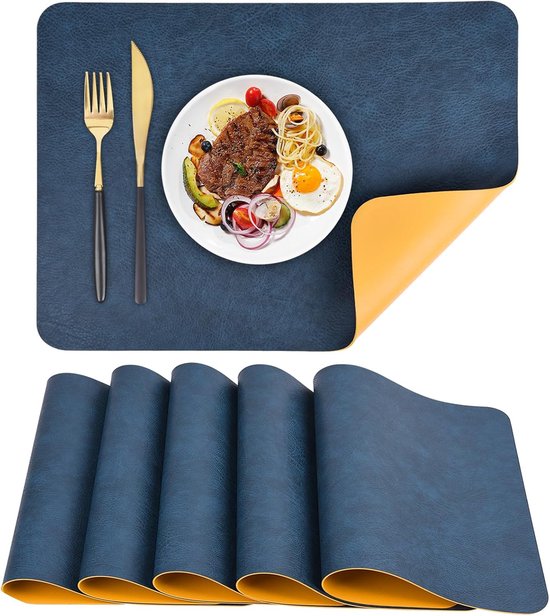 Ensemble de table à manger 6 pièces en cuir PVC imperméable et résistant à la chaleur, adapté aux cuisines, restaurants et hôtels, dimensions 40 x 30 cm (bleu et jaune, 6 pièces)