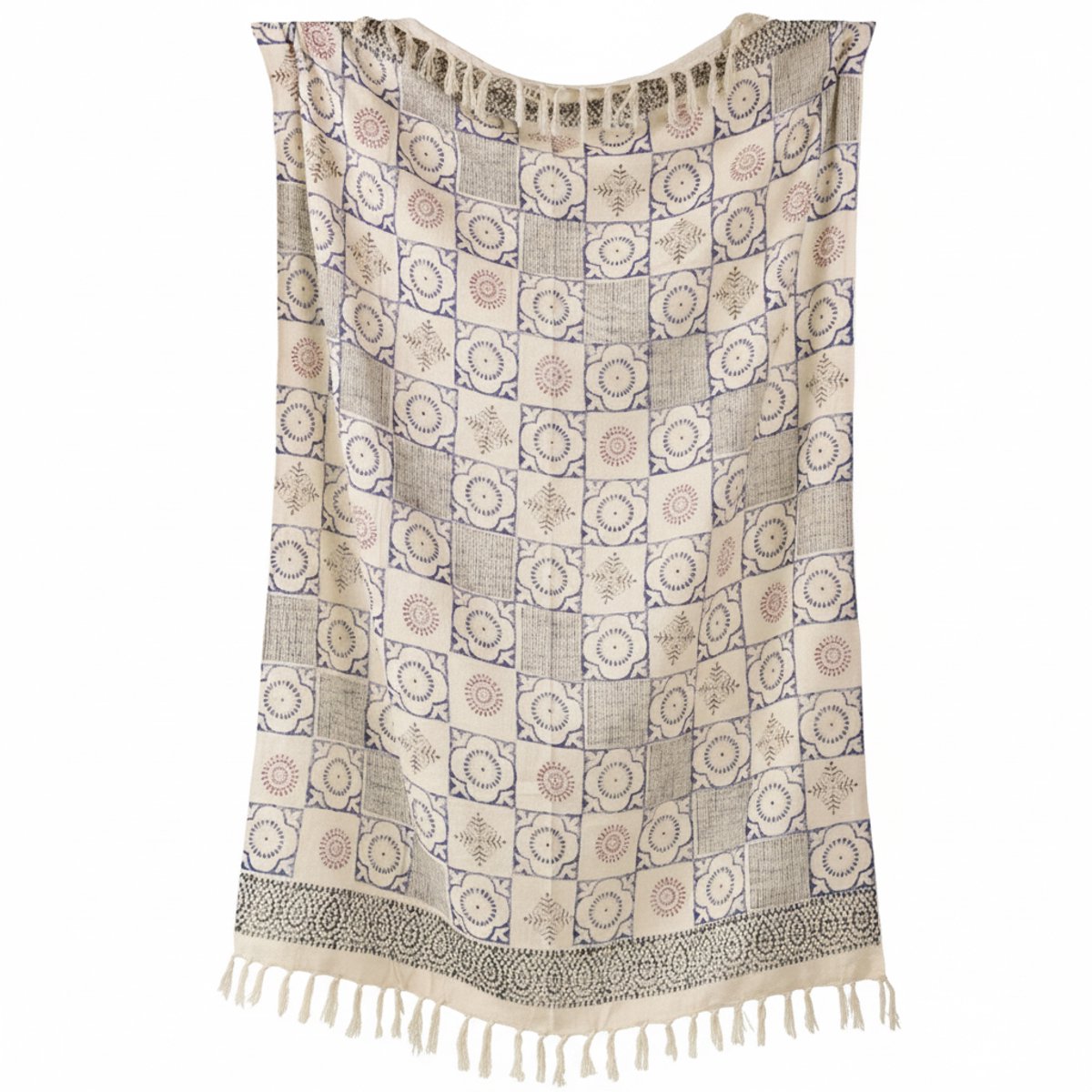 Urbane Hide | Bloemenmedaillon Block print Plaid | Plaids | 130x175 cm | plaid met Franjes | 100% Katoen | Blauw en Creme
