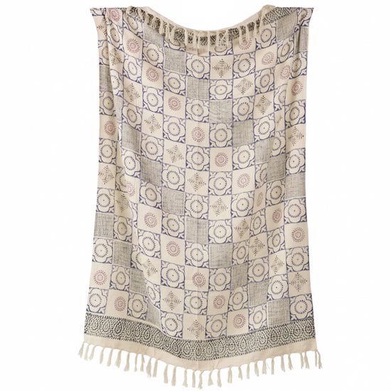 Urbane Hide | Bloemenmedaillon Block print Plaid | Plaids | 130x175 cm | plaid met Franjes | 100% Katoen | Blauw en Creme