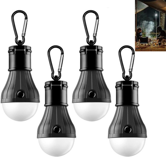 Lot de 4 lampes de tente LED portables, lanternes de camping étanches, éclairage de secours avec mousqueton, à piles, matériau ABS, pour la randonnée, la fête, le camping, la pêche, noir