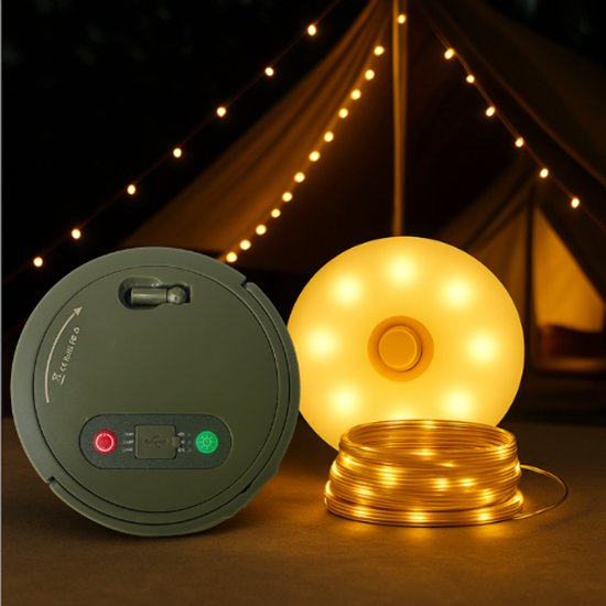 Lampe de camping Niba® à batterie avec guirlande lumineuse LED de 10 m – 1800 mAh – Rechargeable via USB-C – Wit chaud – Powerbank – String lumineuse pour tente, Camper et Jardin