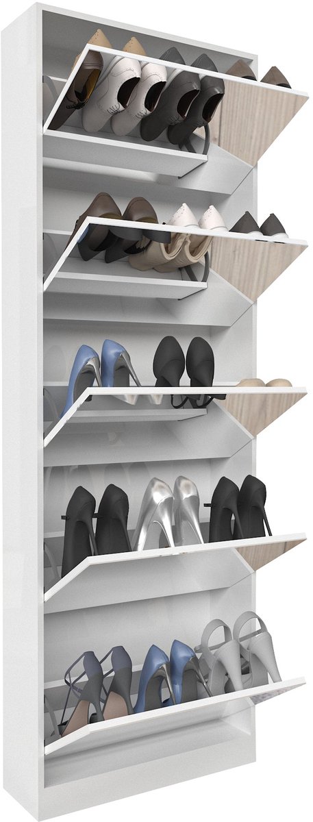 Merax Schoenenkast met Spiegel – Moderne Schoenenorganizer met 5 Klapladen – Smalle Schoenenkast voor Hal en Gang – MDF – Wit – 185×63×19,6 cm