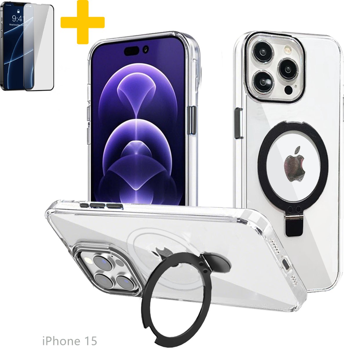 Hoesje voor iPhone 15, Compatibel met MagSafe, Magnetische Case met 360° Draaibare Standaard, Anti-Verkleuring Hoes, PC Lichtgewicht-Zwart - Screenprotector