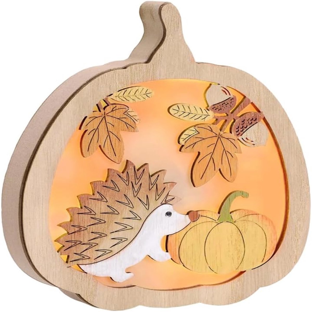 QTTVBTNA - Houten Herfst Tafellamp - LED Sfeerlamp met Egel, Pompoen en Dennenappels Accenten - Decoratie voor Herfst en Halloween - pompoen - 12,5*2.5*15 cm - 1 stuk