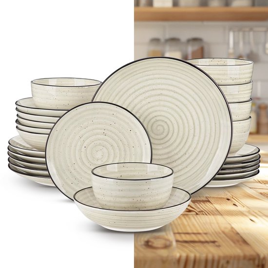 Service de table de Luxe - 24 pièces - 6 personnes - Porcelaine - Service d'assiettes - Assiettes plates - Assiettes à dessert - Bols - Assiette creuse - Beige