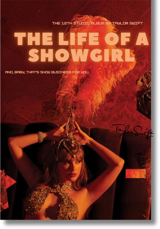 Poster 'The Life of a Showgirl' van Taylor Swift. Een close-up van de zangeres in een glitterjurk en diadeem, met veren.