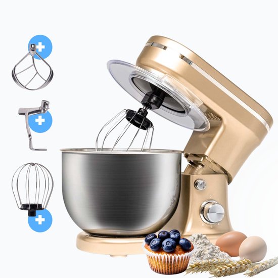 BluMill Keukenmachine - RVS - 6 Snelheden - Keukenmachine met kom - 5 Liter - met Accessoires - 1200W - Metallic Champagne