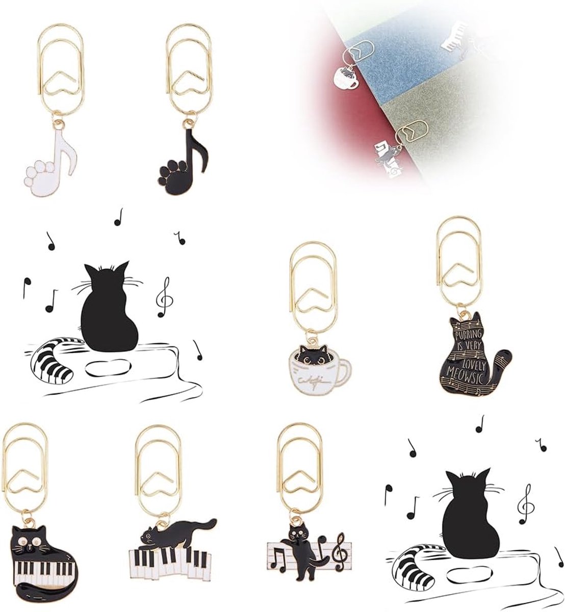 7 Style Music Cat Thema Bladwijzer met Paper Clip - Schattige Legering Emaille Bladwijzer met Kat Hanger - Zwart Wit Cartoon Paper Clip voor Scholen Studenten Kantoor Document Organiseren