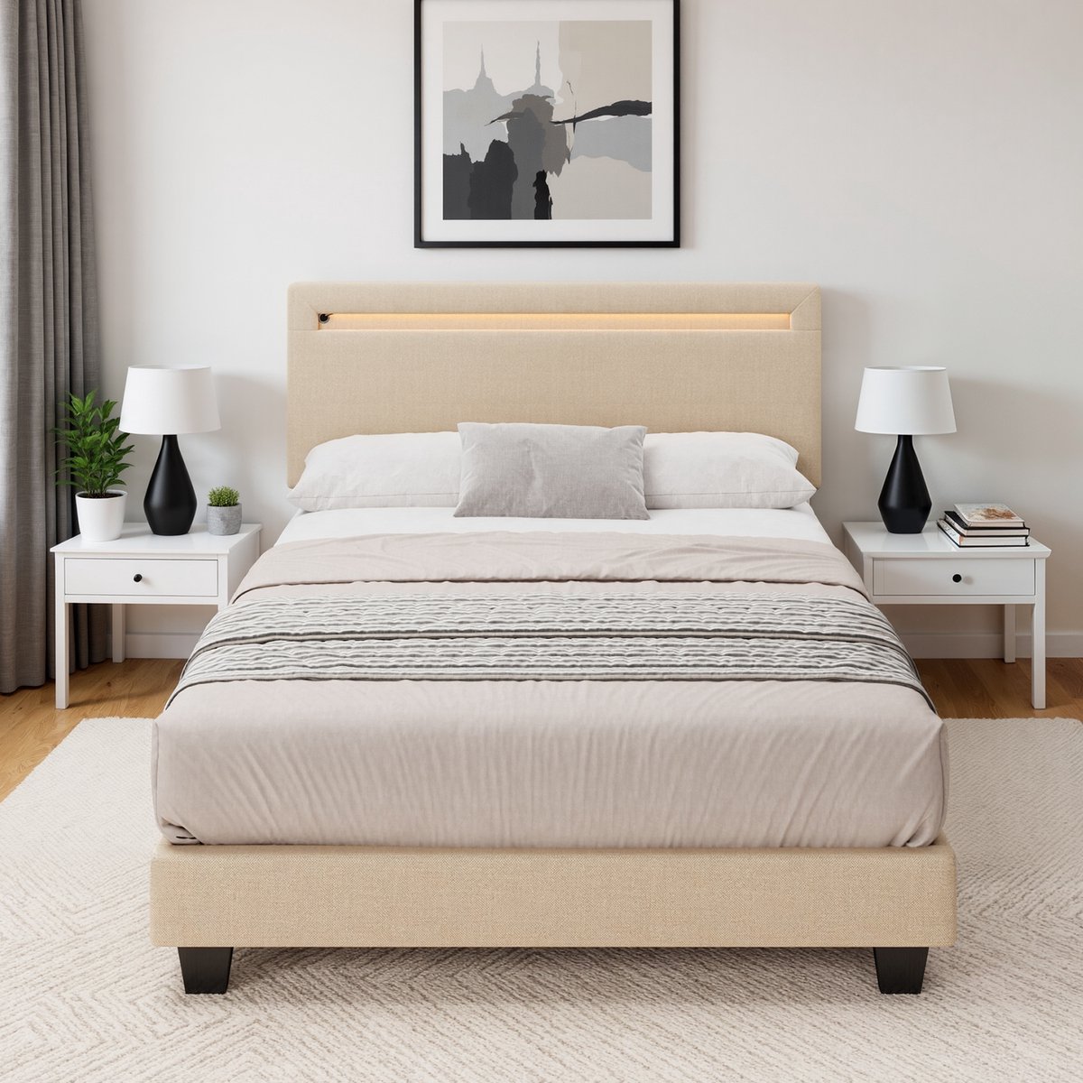Xbro Gestoffeerd Bed 120 x 200 cm – met Bedhoofdbord LED-Verlichting – Tweepersoonsbed met Hoofdbord en Lattenbodem – Beige — cadeau in Cadeau-ideeën - foto 4