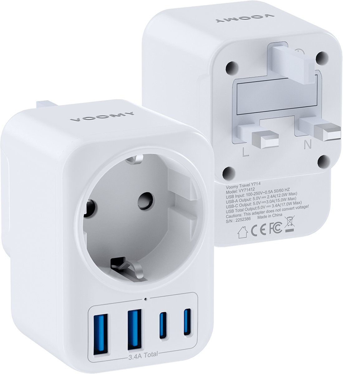 Voomy Reisstekker Engeland/UK - Met 2 Usb-C & 2 Usb-A - Wereldstekker Type G - Geschikt voor Engeland/UK, Ierland, Singapore, Hong Kong - Wit
