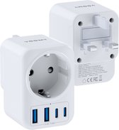Voomy Reisstekker Engeland/UK - Met 2 Usb-C & 2 Usb-A - Wereldstekker Type G - Geschikt voor Engeland/UK, Ierland, Singapore, Hong Kong - Wit