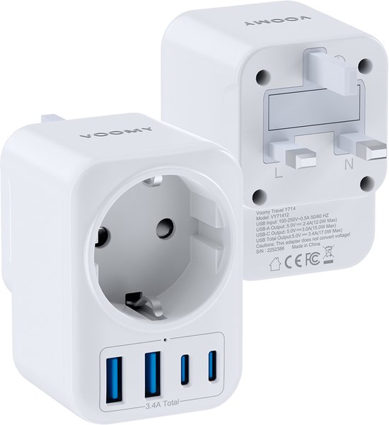 Prise de voyage Voomy Angleterre/Royaume-Uni - 2x USB-C et 2x USB-A - Prise universelle type G - Convient pour l'Angleterre/Royaume-Uni, l'Irlande, Singapour et Hong Kong - Wit