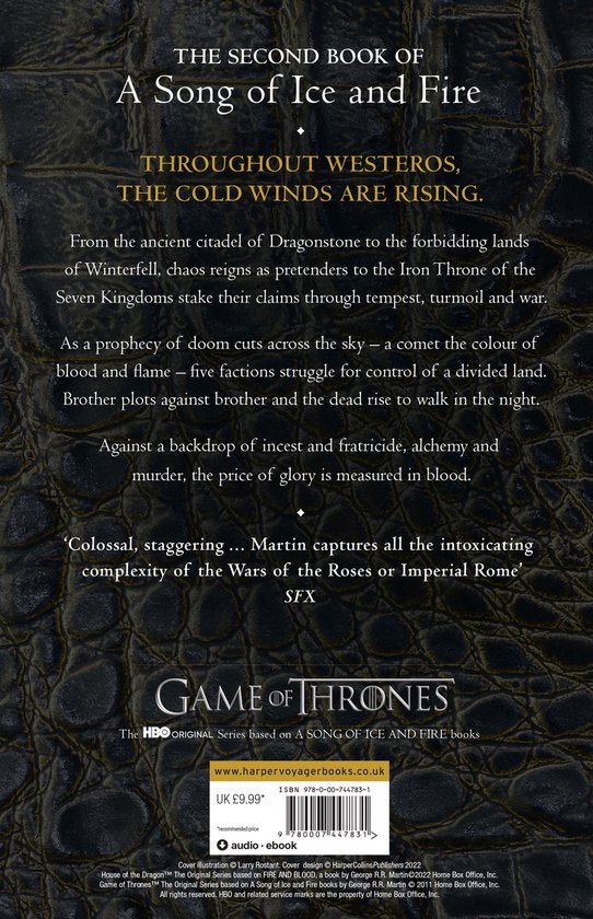 Achterkant boekcover "A Song of Ice and Fire" met tekst over de inhoud en advertentie.