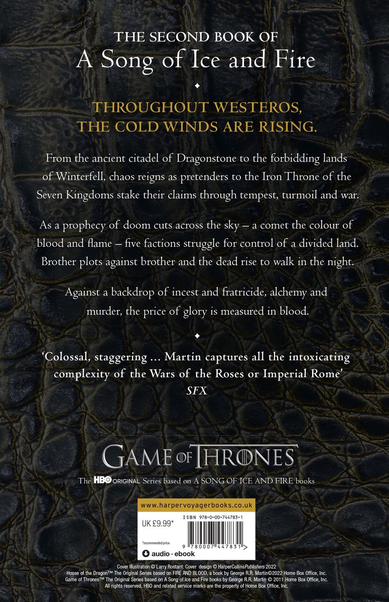 Achterkant boekcover "A Song of Ice and Fire" met tekst over de inhoud en advertentie.