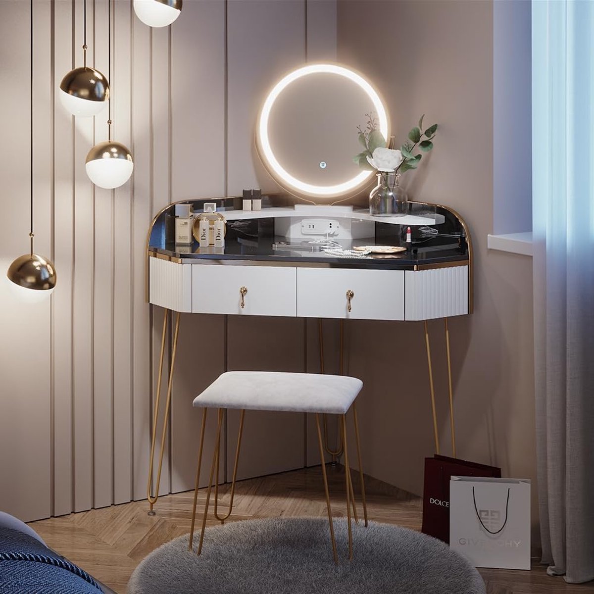 Luxe hoekkaptafel Amara met LED-spiegel, USB-aansluitingen, kruk en opbergruimte – Modern design in hoogglans wit & grijs, 99 x 134 x 70 cm HomeByNicole