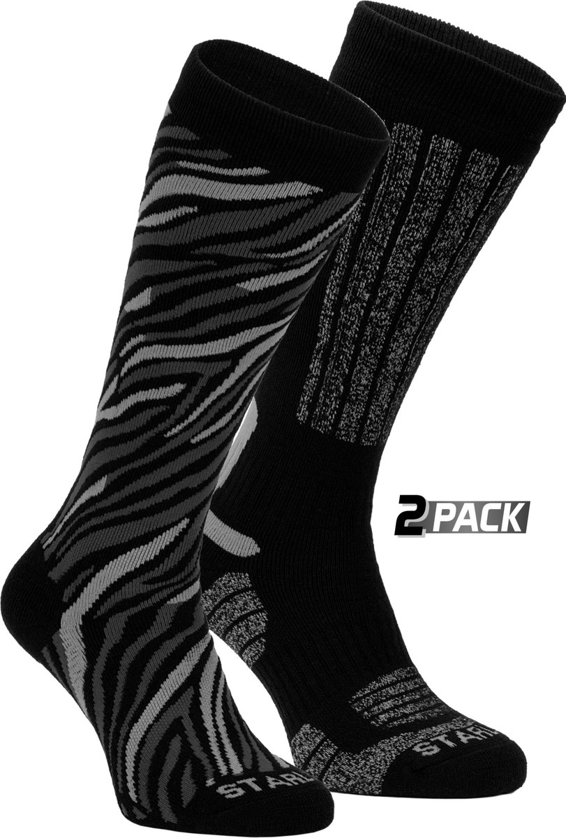 Starling Skisokken Dames 2-pack – Effen/Tijgerprint Zwart