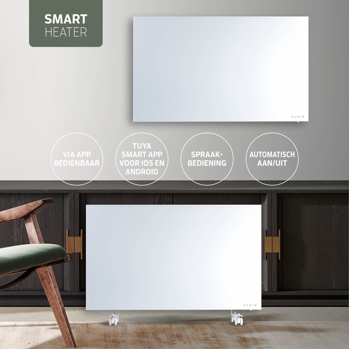 Varin® Smart Design Infrarood verwarmingspaneel - 600W - 100x60cm - Helder wit glas - IP24 - Met thermostaat - Wandmontage of verrijdbaar - Elektrische verwarming - Infrarood paneel verplaatsbaar - Kachel - Heater bureau - Terrasverwarmer - Tuya Wifi – foto 6