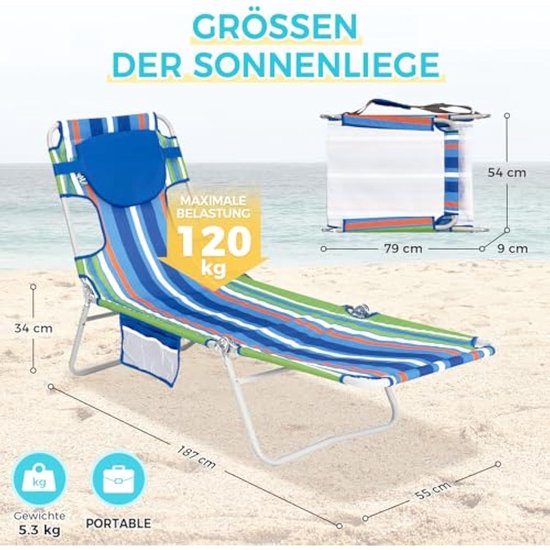 WEJOY Inklapbaar zonnebed, met leesvenster, ligstoel inklapbaar, 5-standen, verstelbare rugleuning, licht, tuinstoel met hoofdsteun, strandstoel, inklapbaar, voor strand, tuin, terras, camping