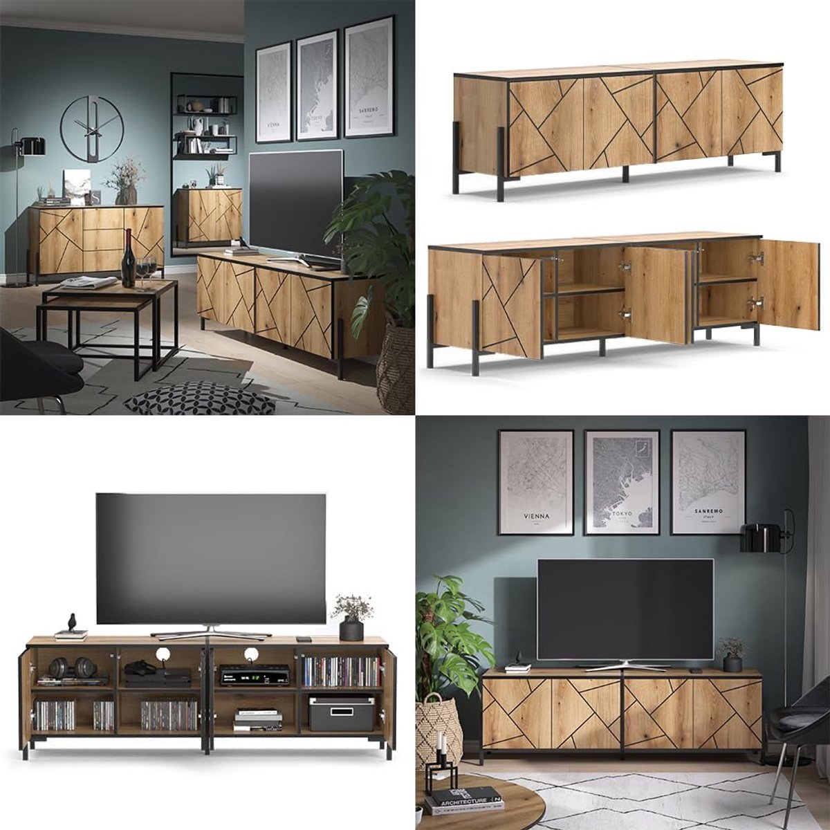Luxe TV-meubel Hatto XL – Eikenhout Look – 157 cm Breed – Modern TV Lowboard met Push-to-Open Deuren & Metaal Poten – Industrieel Design TV-kast voor Woonkamer