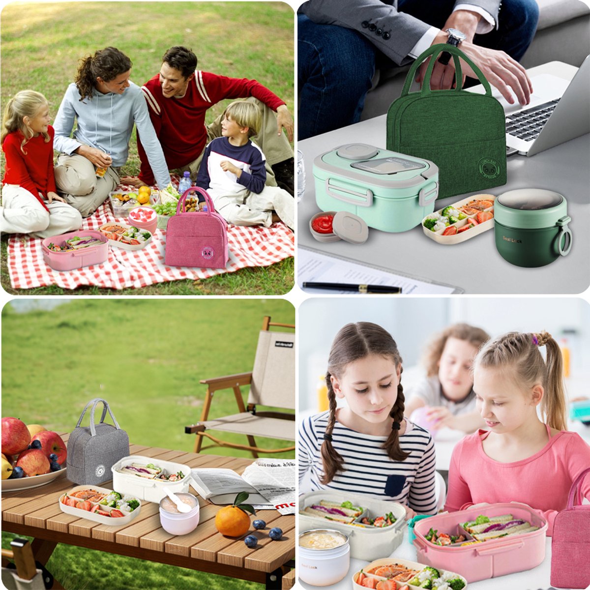 Lunchbox Set 1200+600ml voor Vaatwasser & Magnetronbestendig - Yoghurt en Muesli beker to go - broodtrommel met sausbox en bestek - Lunchpot met Isolerende Draagtas -Bento box voor volwassenen en kinderen - Voor Werk, School, Picnic - Roze — afbeelding 7