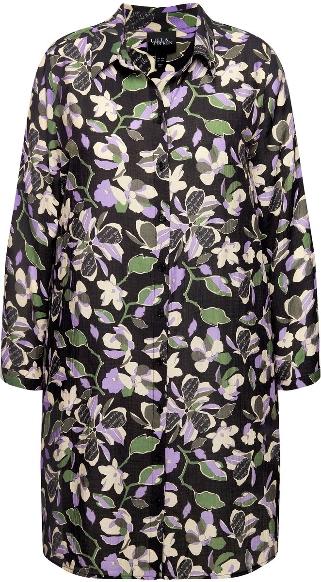 Ulla Popken - Dames - Lange blouse bloemen A-lijn overhemdkraag lange mouwen - Zwart - Maat 54+