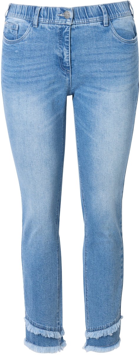 Ulla Popken - Dames - Jeans Sarah gerafelde zoom smalle pijpen enkellengte - Licht blauw denim - Maat 42