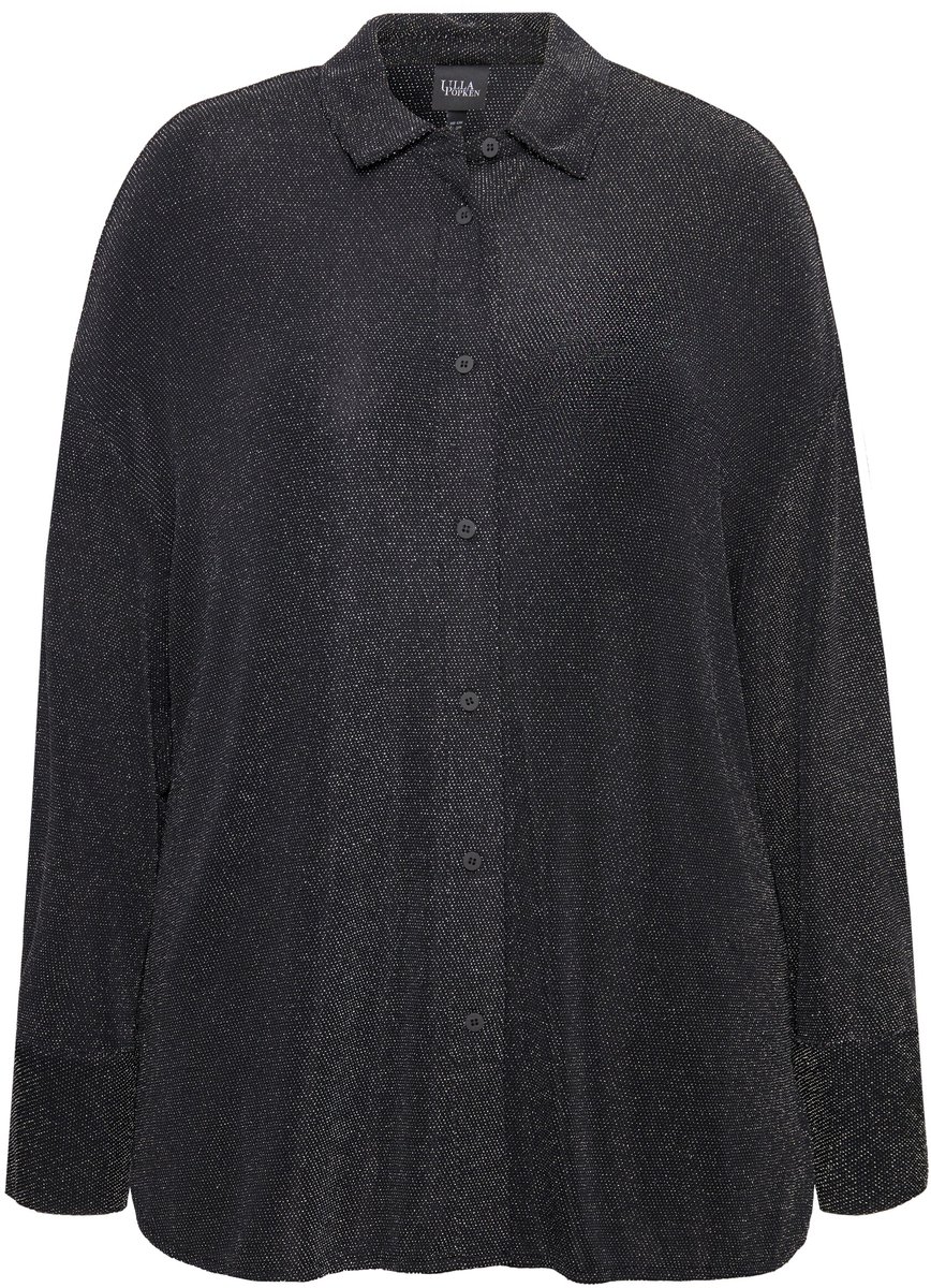 Ulla Popken - Dames - jersey blouse glitter overhemdkraag lange mouwen - Zwart - Maat 54+
