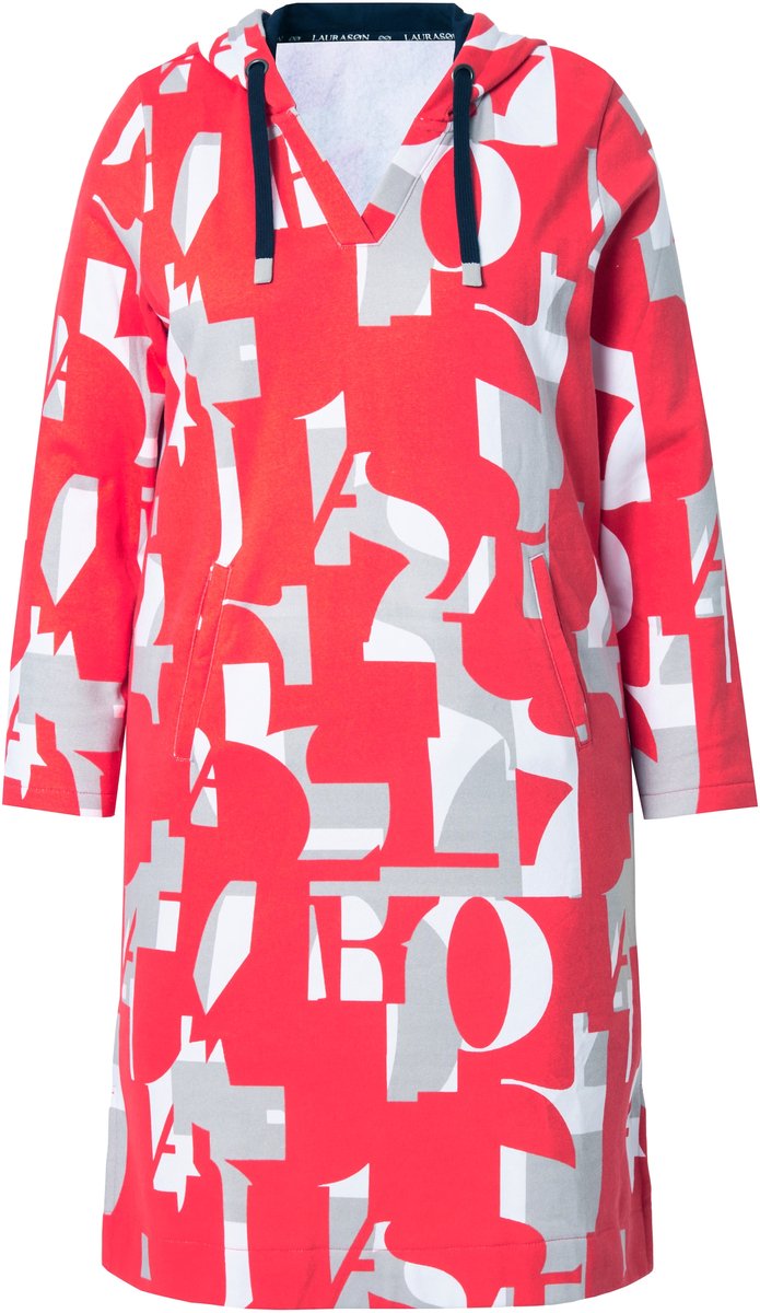 Laurasøn - Dames - Sweatjurk met grafische print capuchon lange mouwen OEKO-TEX - Lichtrood - Maat 56+