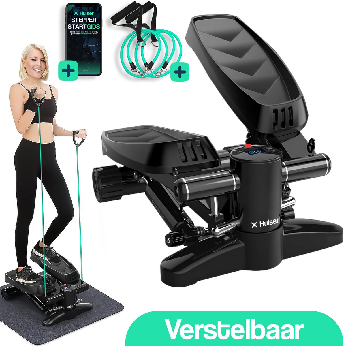 Hulser Stepper met display - Verstelbare weerstand - Met weerstandsbanden - Home gym fitnessapparaat - Thuis sporten - Twist fitness - Swing - Mini cardio home trainer