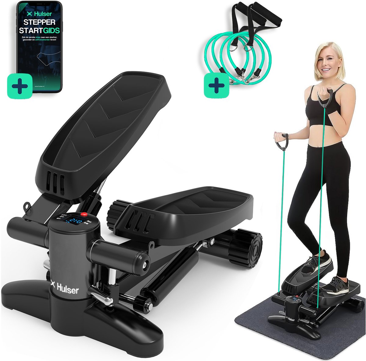 Hulser Stepper met display - Met weerstandsbanden - Home gym fitnessapparaat - Thuis sporten - Twist fitness - Swing - Mini cardio home trainer