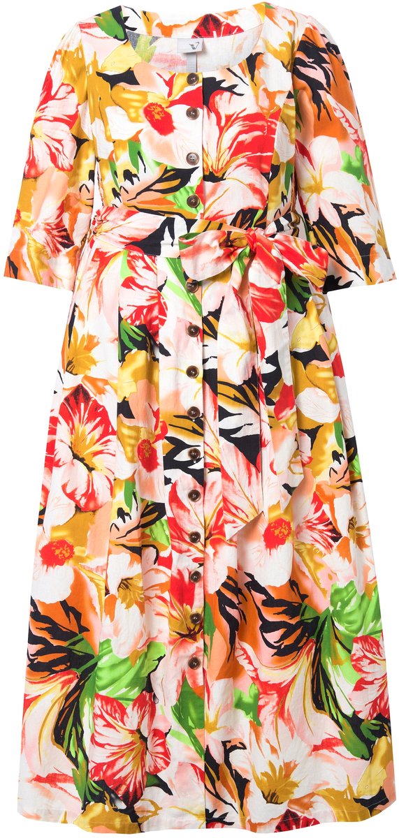 Ulla Popken Dames - Maxi-jurk linnenmix A-lijn ronde hals 3/4-mouwen - Klaproosrood - Maat 42+